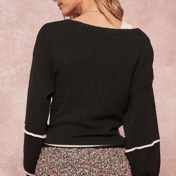 Women's Black Textured Self-tie Closure Long Sleeves Knit Cardigan Sweater NWT - Picture 2 of 3